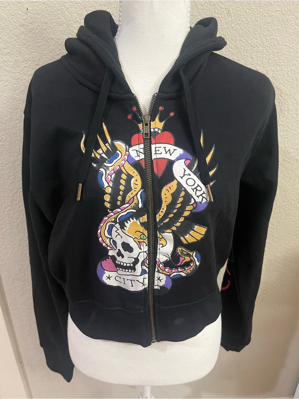 Ed Hardy Black Zip-Front Hoodie with New York Multicolor Tattoo Graphic